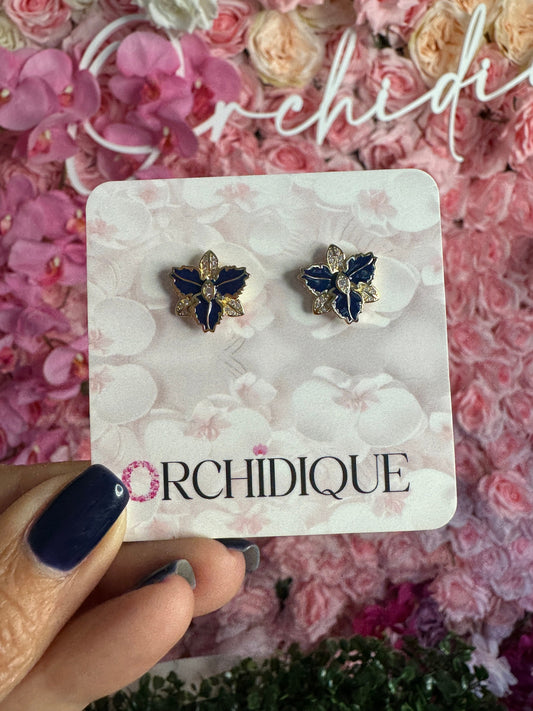 Queens Navy Blue Enamel: Gold Orchid Earrings • Orchid Flower Studs • Sterling Silver Cattleya Flower Studs • Flower Earrings