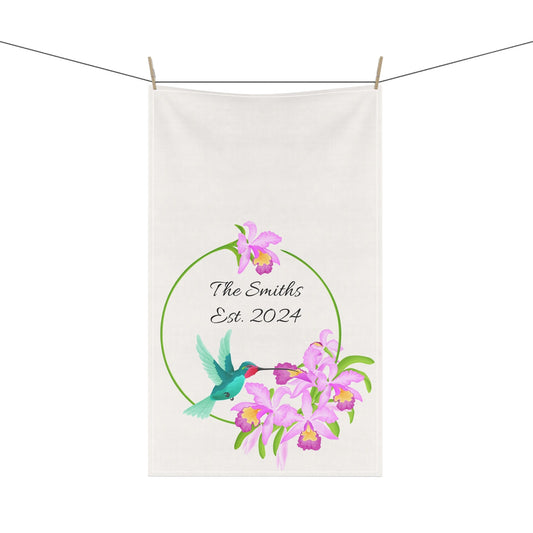 Personalized Cattleya with Hummingbird Orchid Tea Towel • Orchid Kitchen Towel • Floral Bath Towel - Orchidique