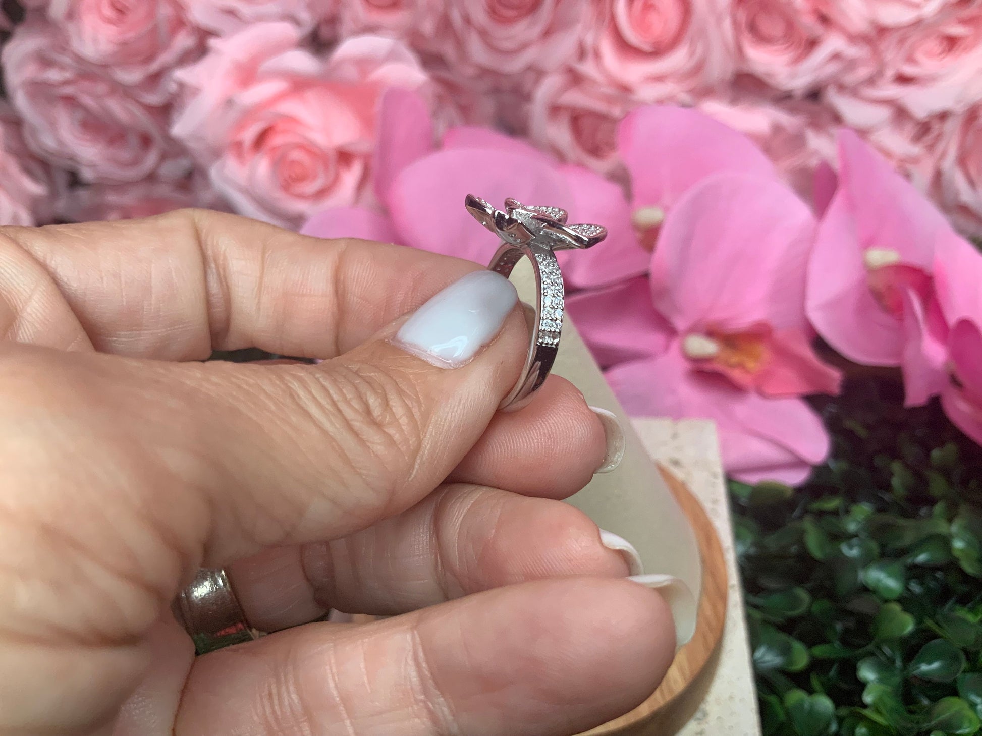 White Gold Orchid Whispers Ring : Phalaenopsis Orchid Flower Ring • Sterling Silver • Cubic Zirconia Ring • Cocktail Flower Ring