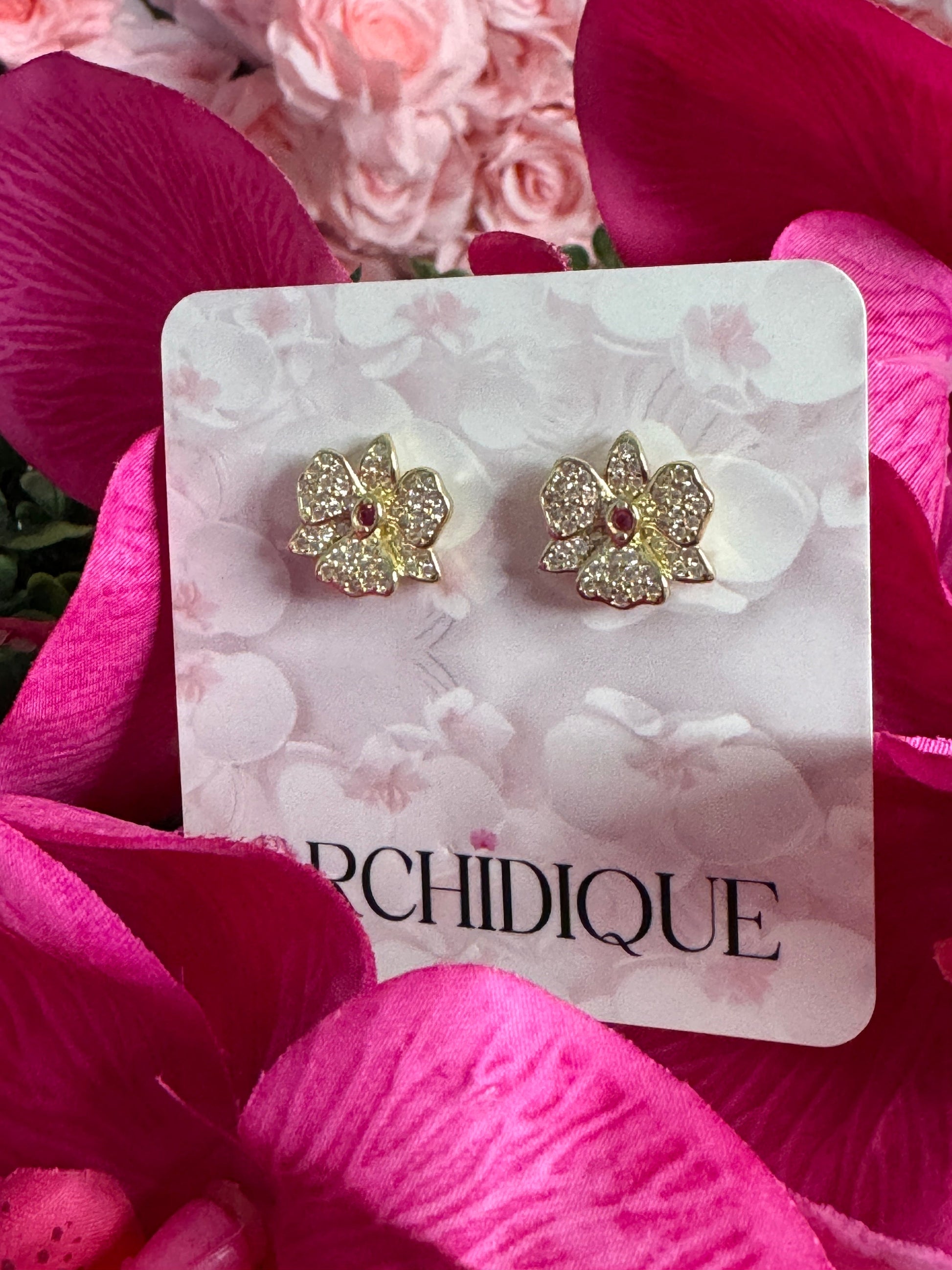 Gold Dendrobium Orchid Earrings • Zircon Sparkle  Jewelry • Gold Flower Stud Earrings • Unique Flower Jewelry Gift - Orchidique