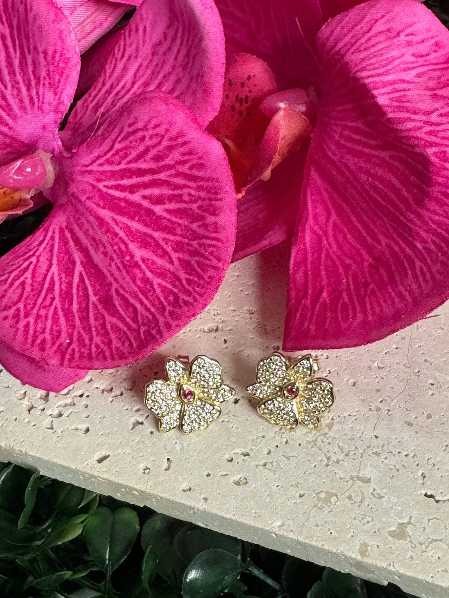 Gold Dendrobium Orchid Earrings • Zircon Sparkle  Jewelry • Gold Flower Stud Earrings • Unique Flower Jewelry Gift - Orchidique