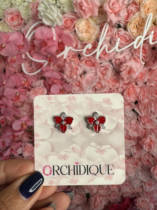 Queens Red Enamel: White Gold Orchid Earrings • Orchid Flower Studs • Cattleya Flower Studs • Orchid Jewelry • Cubic Zirconia•Unique Gift