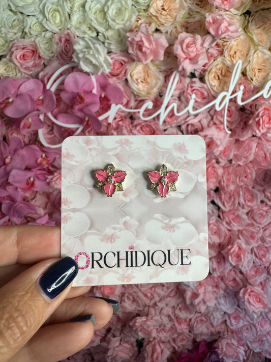 Queens Pink Enamel: Gold Orchid Earrings • Orchid Flower Studs • Sterling Silver Cattleya Flower Studs • Flower Earrings • Zircon Jewelry