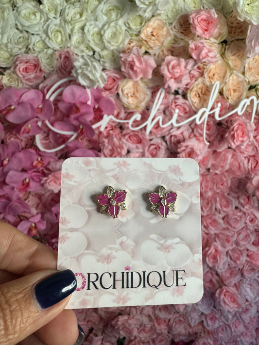 Queens Magenta Enamel: Gold Orchid Earrings • Orchid Flower Studs • Sterling Silver Cattleya Flower Studs • Flower Earrings • Zircon Jewelry