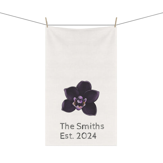 Personalized Black Cymbidium Orchid Tea Towel • Orchid Kitchen Towel • Floral Bath Towel