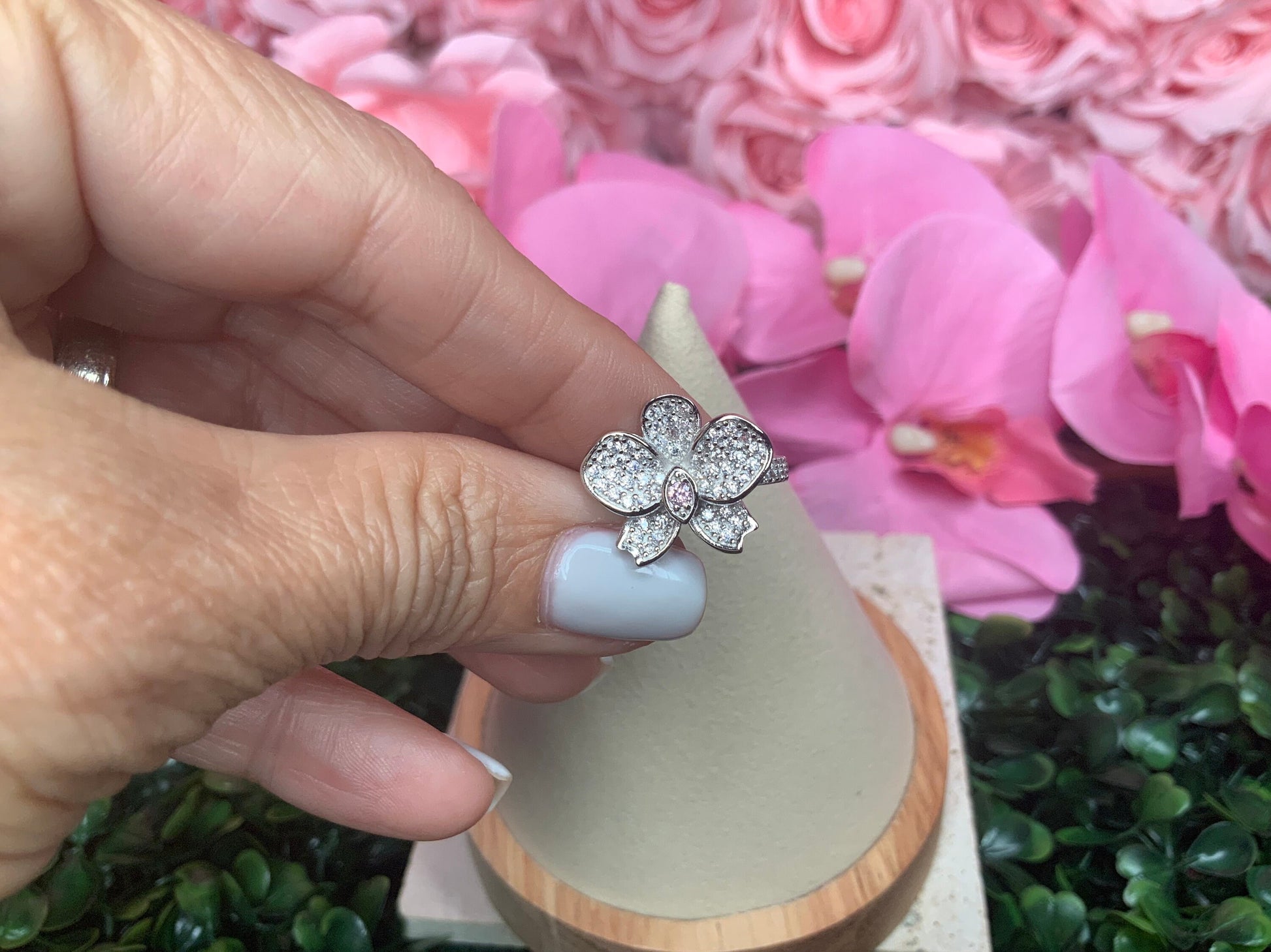 White Gold Orchid Whispers Ring : Phalaenopsis Orchid Flower Ring • Sterling Silver • Cubic Zirconia Ring • Cocktail Flower Ring