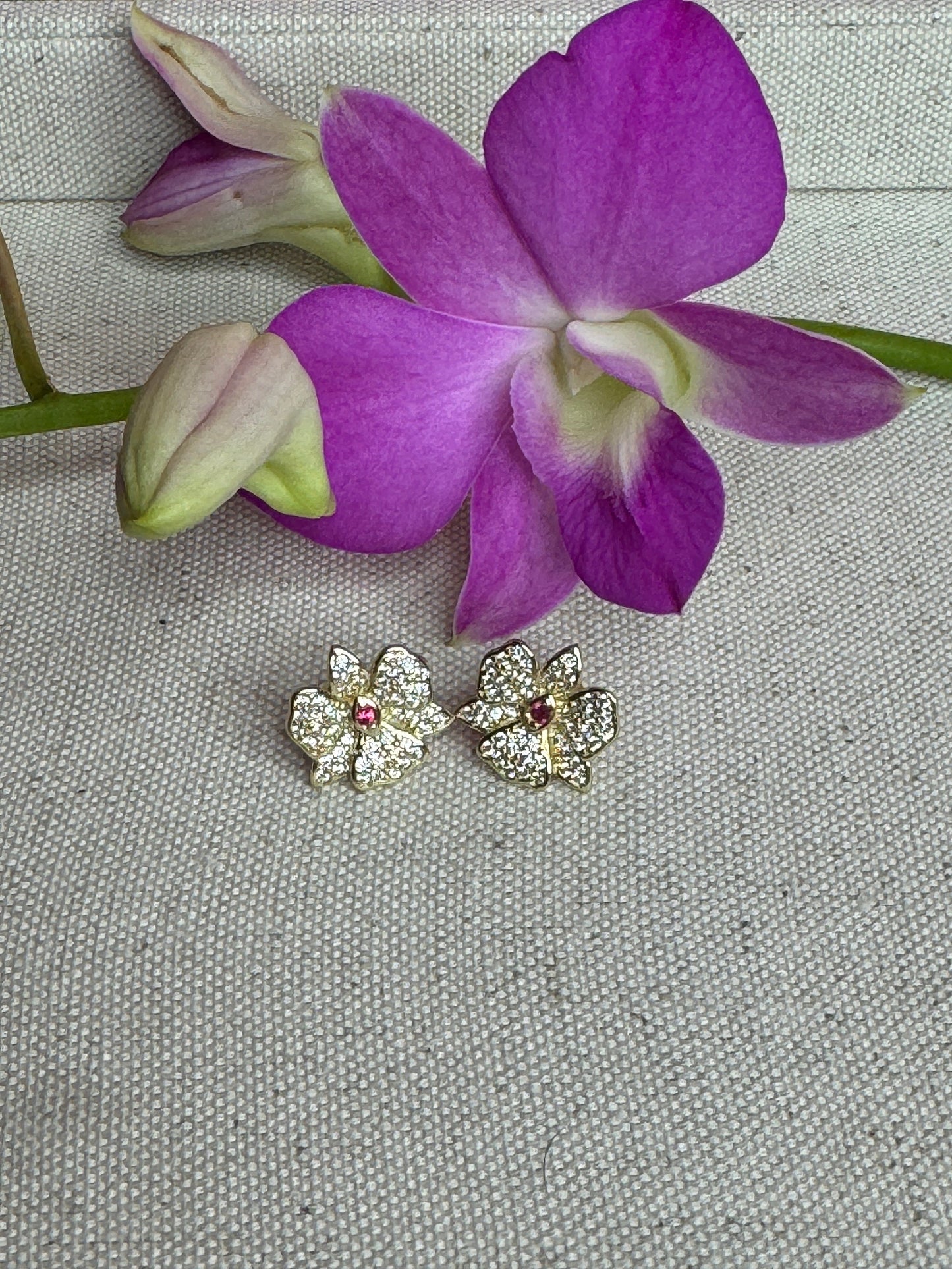 Gold Dendrobium Orchid Earrings • Zircon Sparkle  Jewelry • Gold Flower Stud Earrings • Unique Flower Jewelry Gift - Orchidique