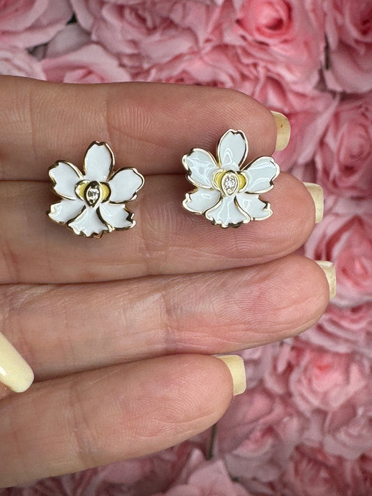 Vanda White Joaquim Orchid- Inspired Earrings • White Orchid Enamel with Cubic Zircon • Gold Stud Earrings • Orchid Earrings