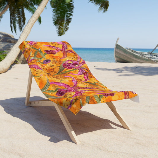 Orange Orchid Beach Towel • Tropical Floral Beach Towel • Vibrant Orchid Beach Towel