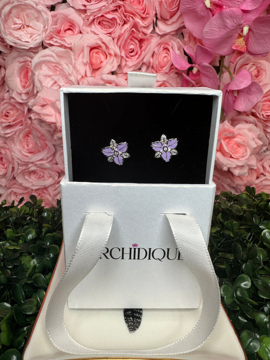 Queens Lavendar Enamel: White Gold Orchid Earrings • Orchid Flower Studs • Cattleya Flower Studs • Orchid Jewelry • Cubic Zirconia Earrings