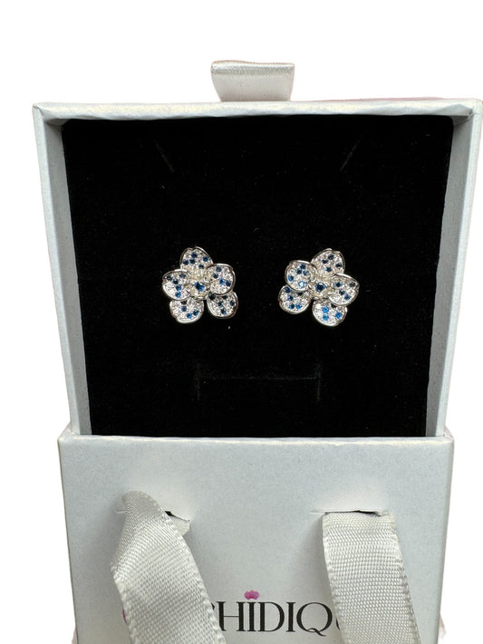 White Gold Sapphire Zircons Vanda Orchid Fower Earrings • Sapphire & Cubic Zirconia Studs • Floral Jewelry Gift