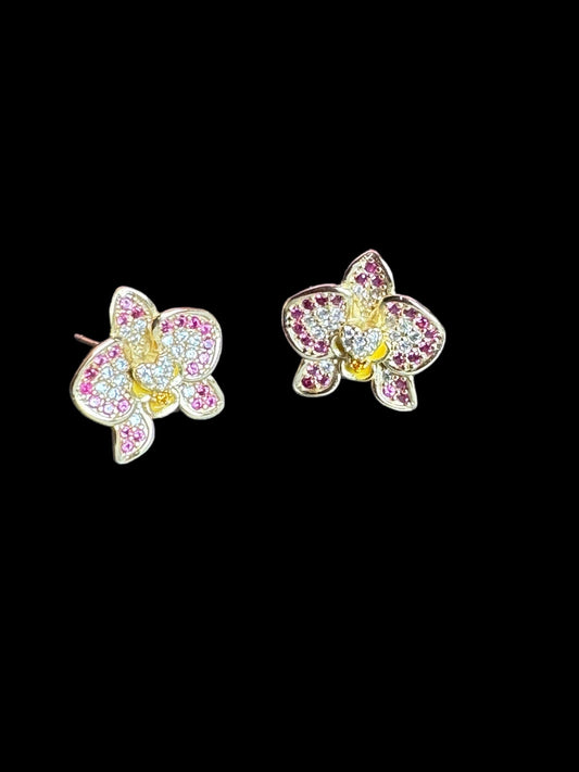 Orchid Whispers Heart Zircon Studs: Sparkling Phalaenopsis Orchid Flower Earrings • Gold Flower Studs with Cubic Zircons - Orchidique