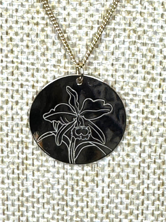 Gold Cattleya Disc Orchid and Birthstone Necklace Set • 14k Gold Plated Orchid Charm • Flower Pendant Necklace • Adjustable S925 Necklace