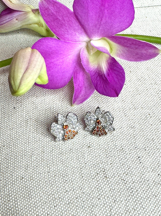 White Gold Dendrobium Orchid Flower Earrings • Zircon Sparkle Jewelry • Sterling Silver Stud Earrings • Gift for Her • Flower Jewelry Gift