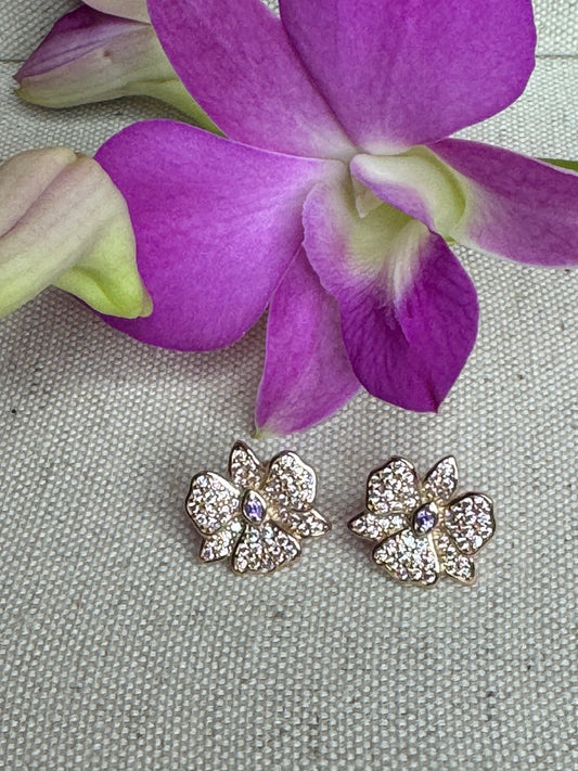 Rose Gold Dendrobium Orchid Earrings • Zircon Sparkle Jewelry • Rose Gold Flower Stud Earrings • Unique Flower Jewelry Gift - Orchidique