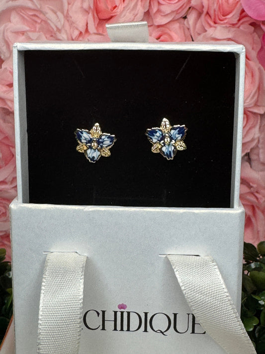 Queens Blue Mix Enamel: Gold Orchid Earrings • Orchid Flower Studs • Sterling Silver Cattleya Flower Studs • Flower Zircon Earrings