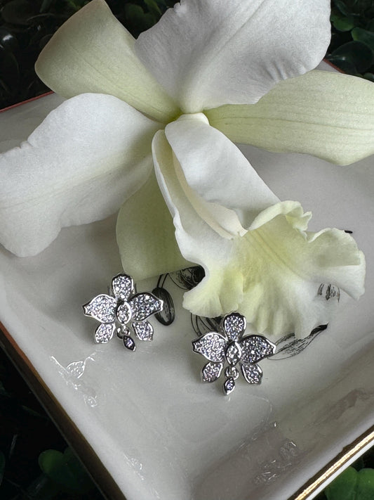 Queens: White Gold Orchid Earrings • Cattleya Flower Orchid Earrings • Clear Cubic Zircon Studs • Floral Jewelry Gift for her