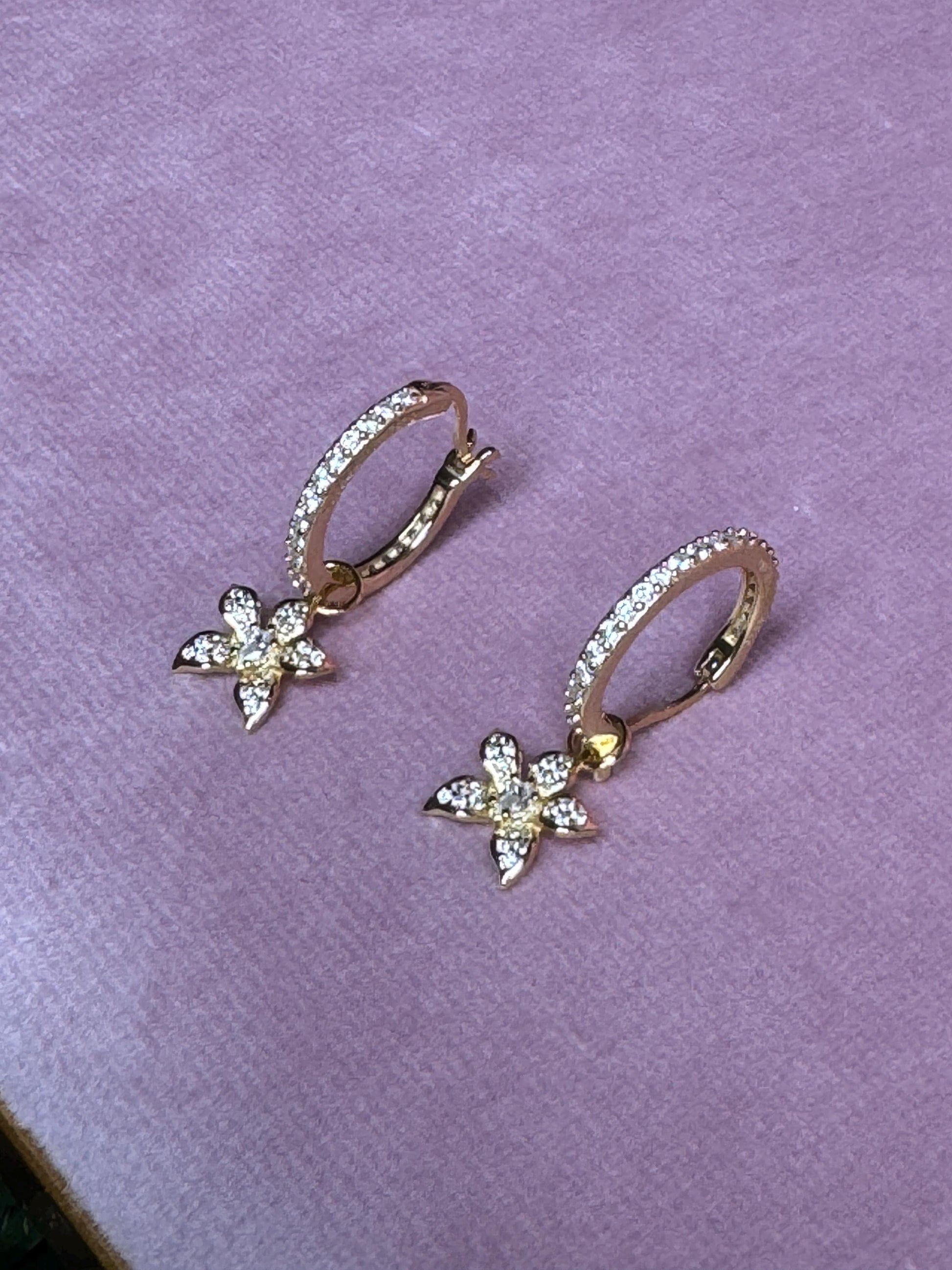 Sparkles Orchids Huggie Hoop Earrings – 14k Gold • Gold Hoops with Orchid Flower with Zircons