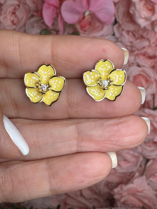 Yellow Marly Vanda Studs : Sterling Silver Vanda Orchid Flower Earrings • Gold Orchid Flower Vanda Cubic Zirconia Studs • Orchid Vanda Studs