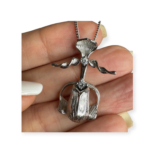 White Gold Slipper Orchid Pendant Necklace • S925 Silver Necklace Set • White Gold Jewelry• Lady Slipper Pendant With Necklace