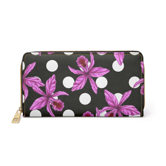 Zipper Wallet - Orchid Polka Dot Wallet with Zipper, Floral Coin Purse, Women's Card Holder, Small Clutch Bag, Gift for Her