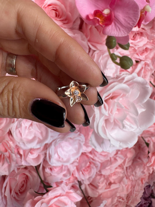 Two Tone White Gold Band with 18K Rose Gold Plated Orchid Flower • Orchid Blossom Ring