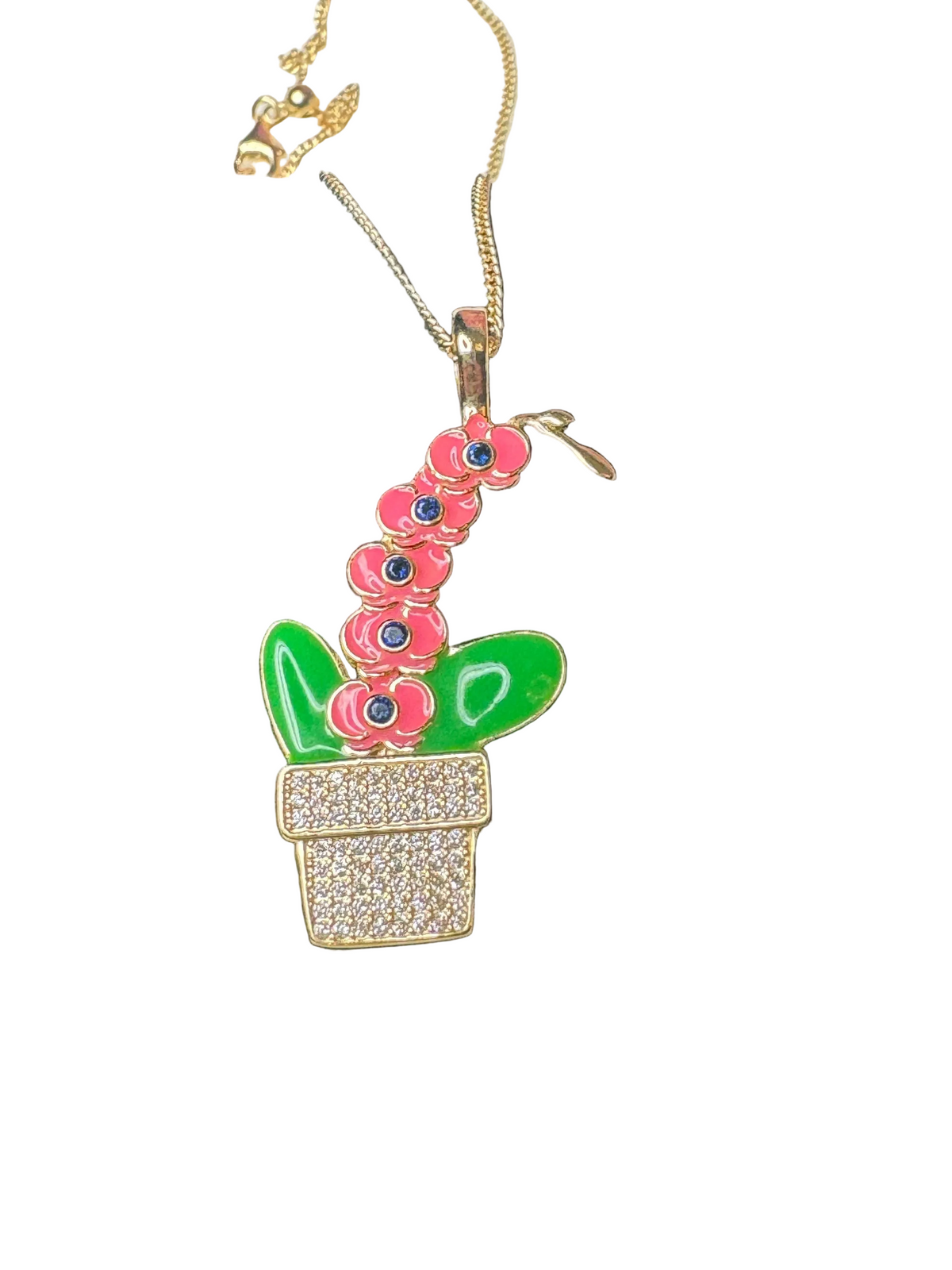 Pink Phalaenopsis Orchid Necklace • Potted Plant Pendant • 925 Silver • 14K Gold • Potsy Collection - Orchidique