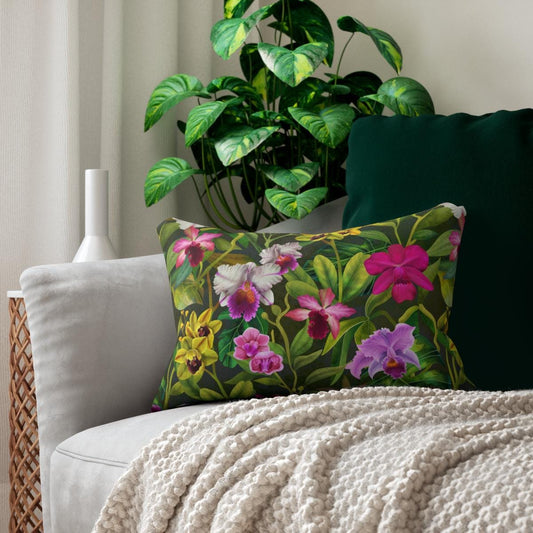 Orchid Paradise Lumbar Pillow, Floral Throw Cushion, Tropical Pillow Cover, Sofa Accent Cushion, Home Decorative Cushion