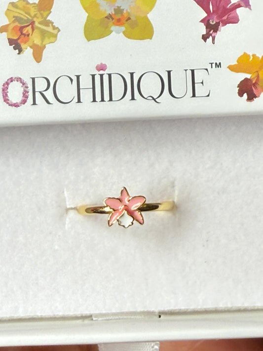 Gold Ring : White and Pink Queens Cattleya Enamel Orchid