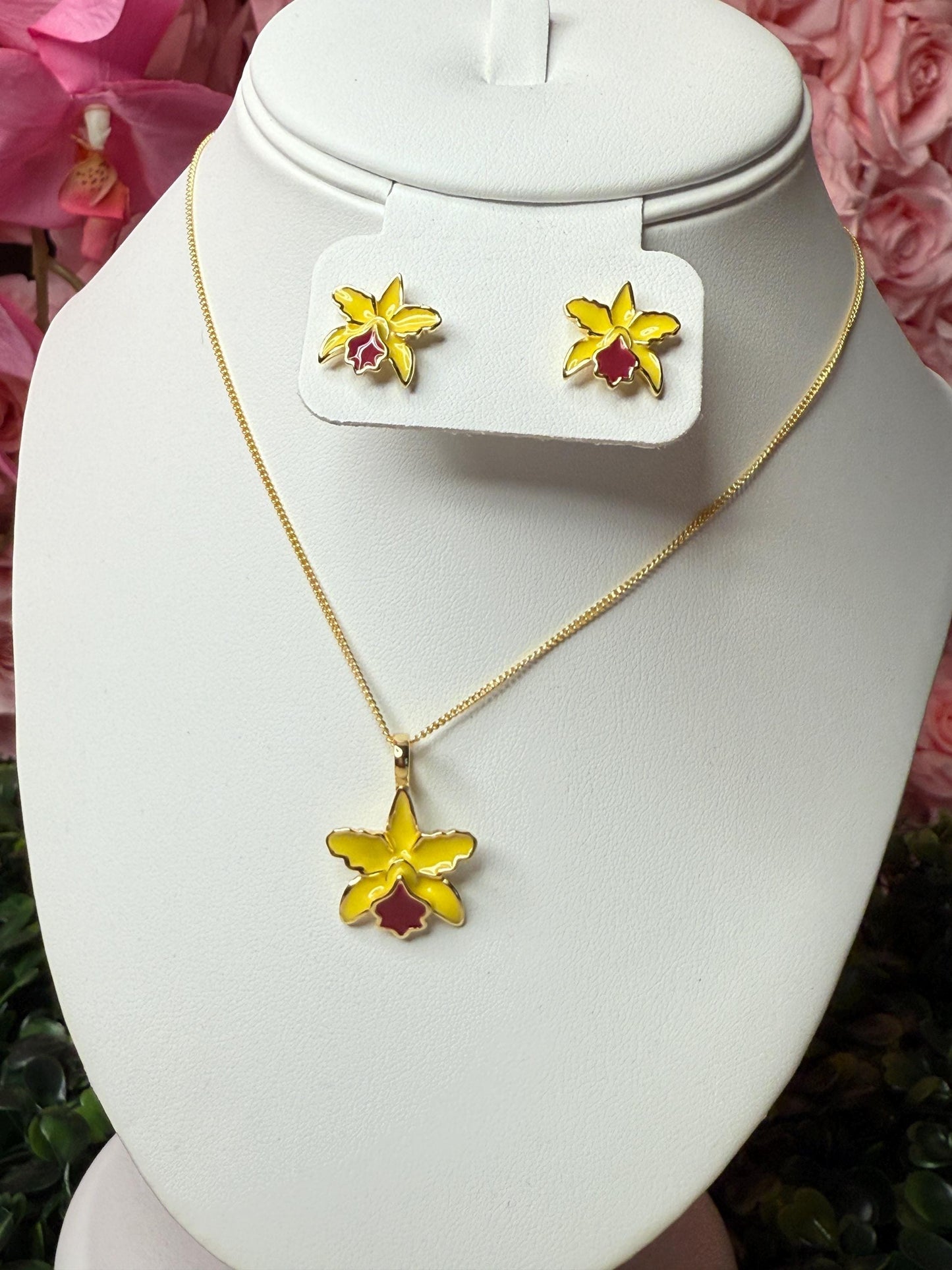 Cattleya Yellow- Red Orchid Jewelry Set • 14k Gold Orchid Choker Necklace •Orchid Earrings • Orchid Ring • La Colombiana Inspired Collection