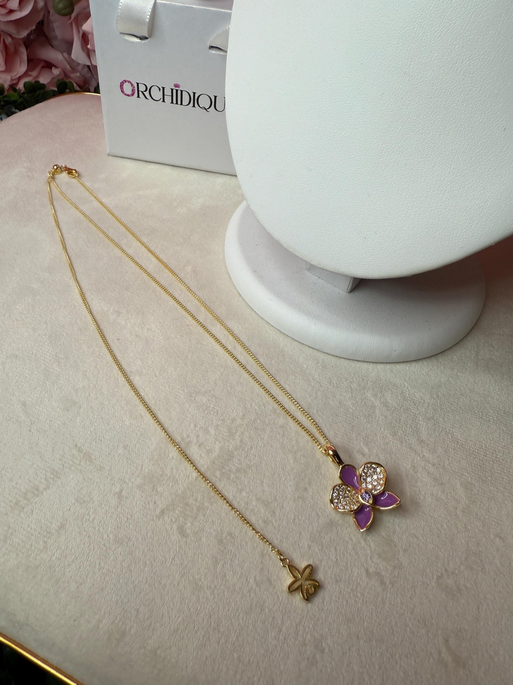 Purple Phalaenopsis Orchid Flower Jewelry Set • Gold Flowers Studs • Orchid Flower Pendant Necklace • Orchid Ring • Whispers Glow Collection