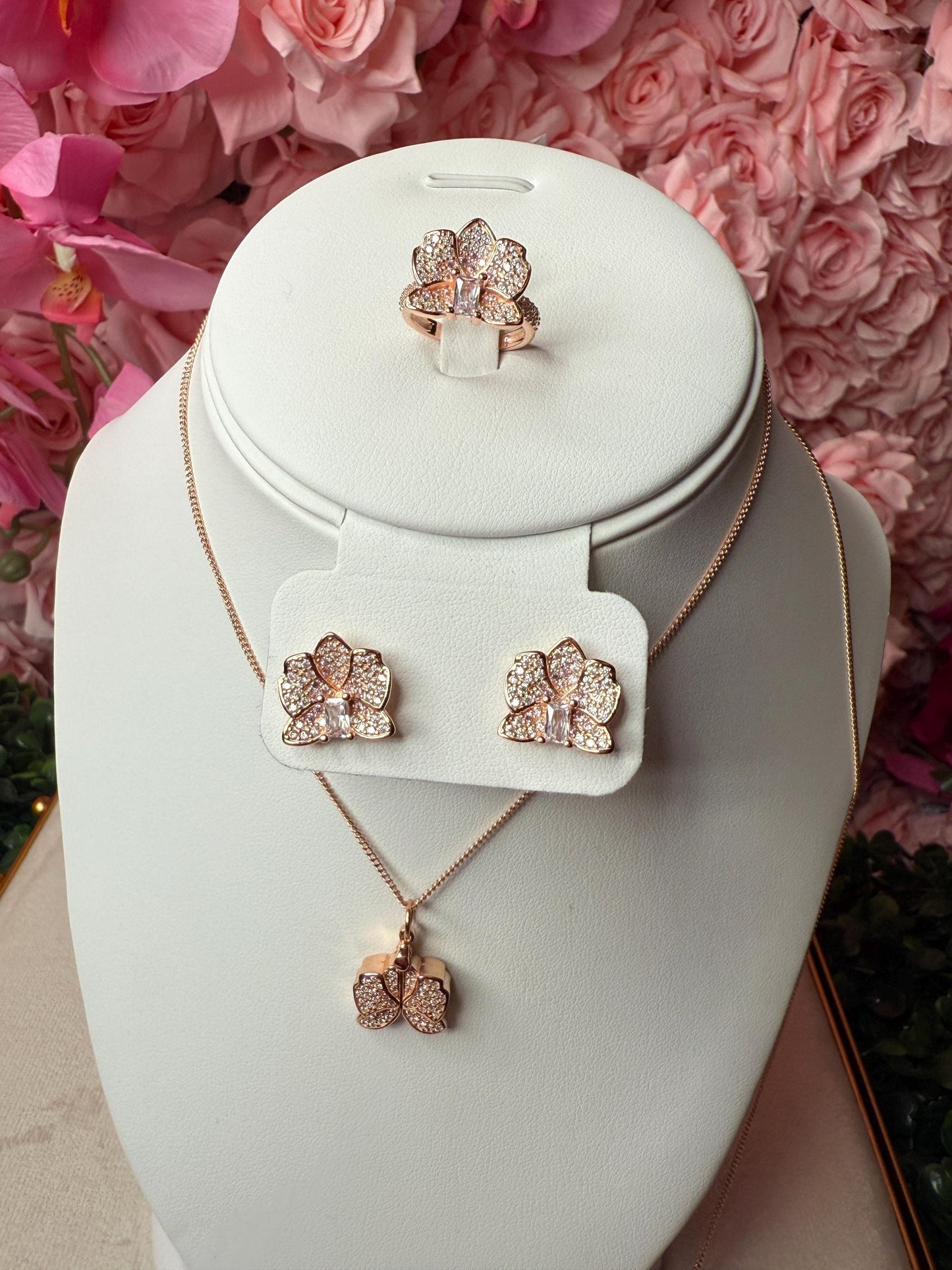 Dendrobium Orchid Earrings and Ring Set - 14k Gold, Rose Gold, White Gold: Dendrobium Sparkle of Love