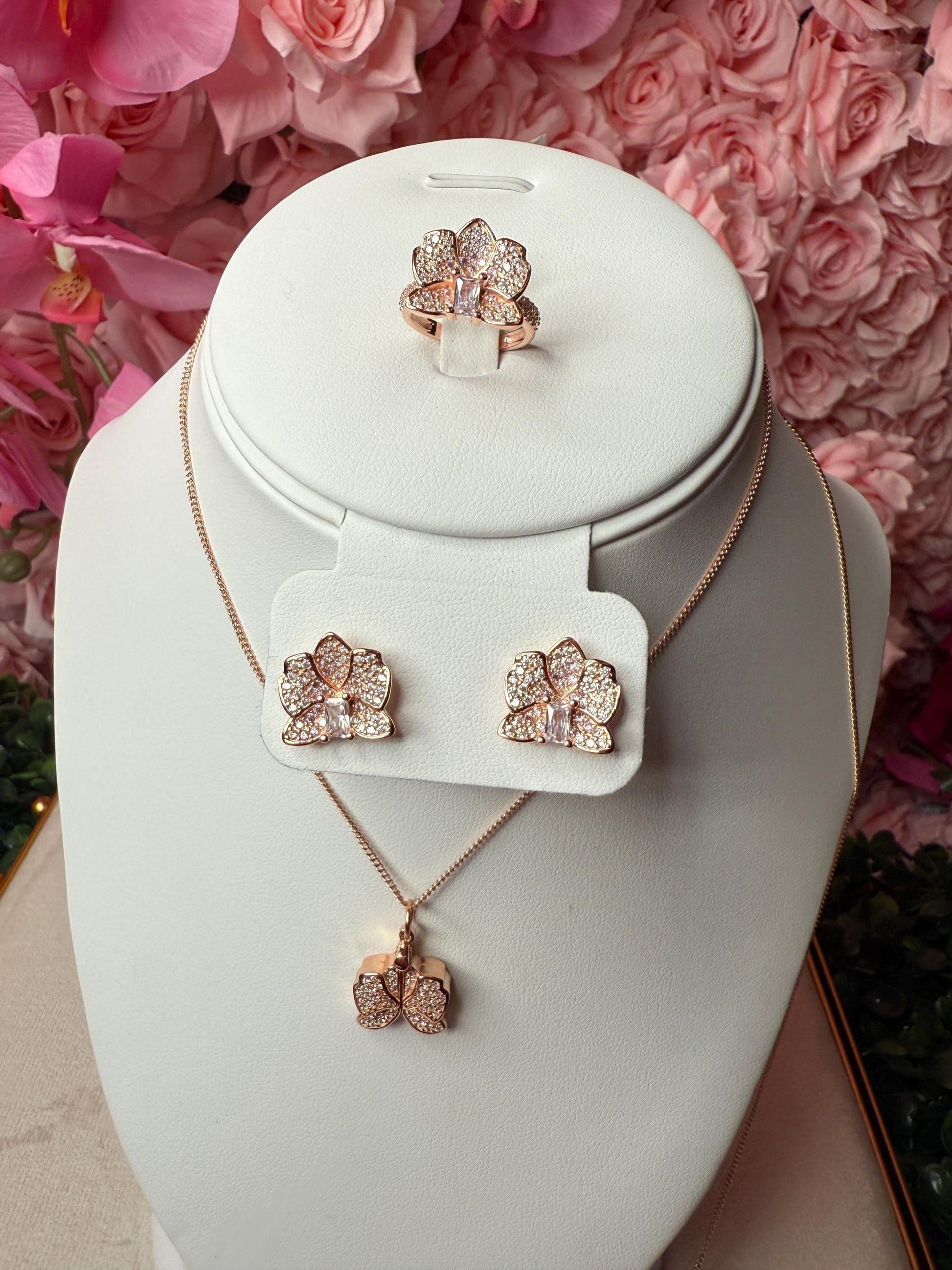 Dendrobium Orchid Earrings and Ring Set - 14k Gold, Rose Gold, White Gold: Dendrobium Sparkle of Love