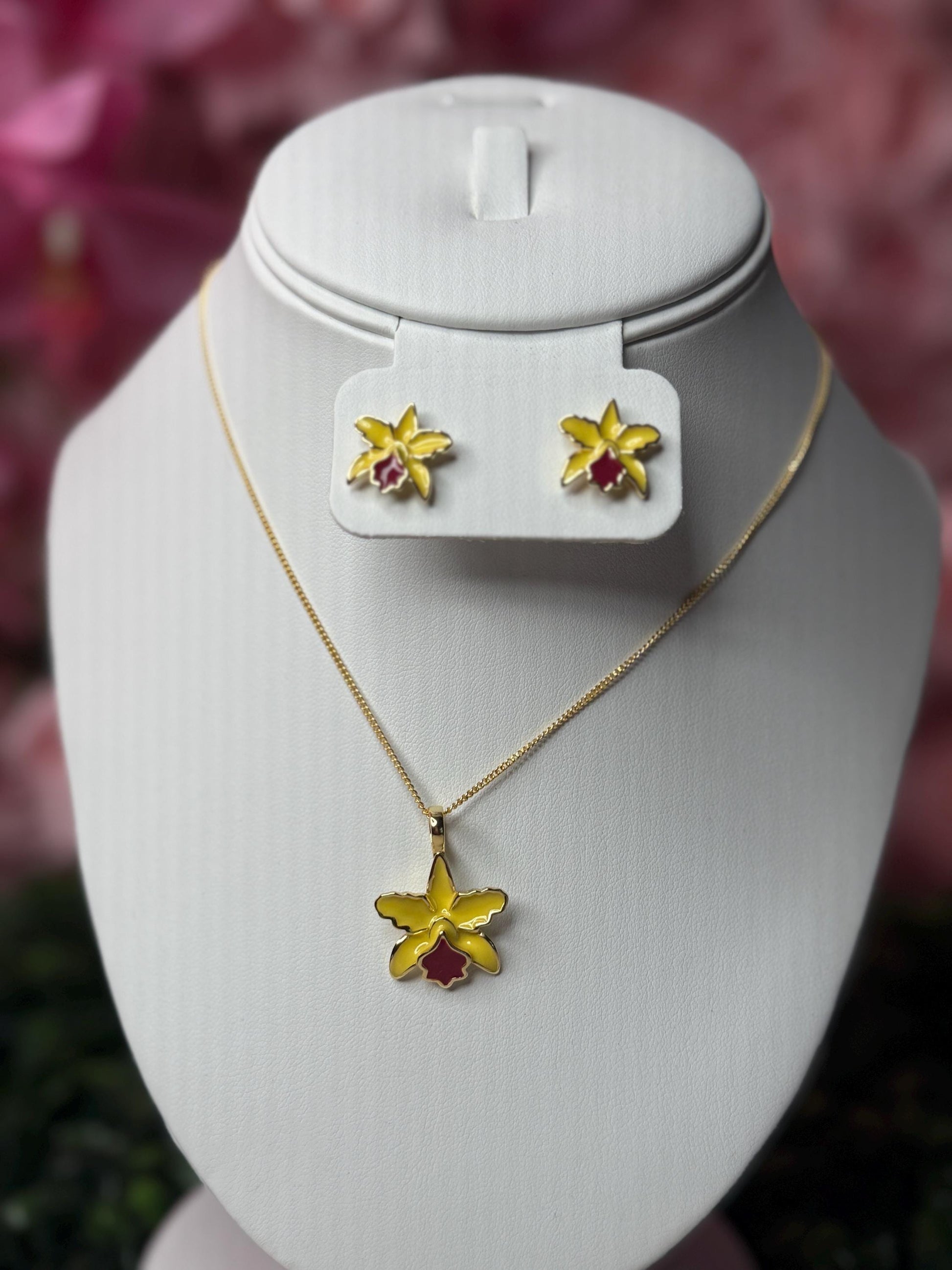 Cattleya Yellow- Red Orchid Jewelry Set • 14k Gold Orchid Choker Necklace •Orchid Earrings • Orchid Ring • La Colombiana Inspired Collection