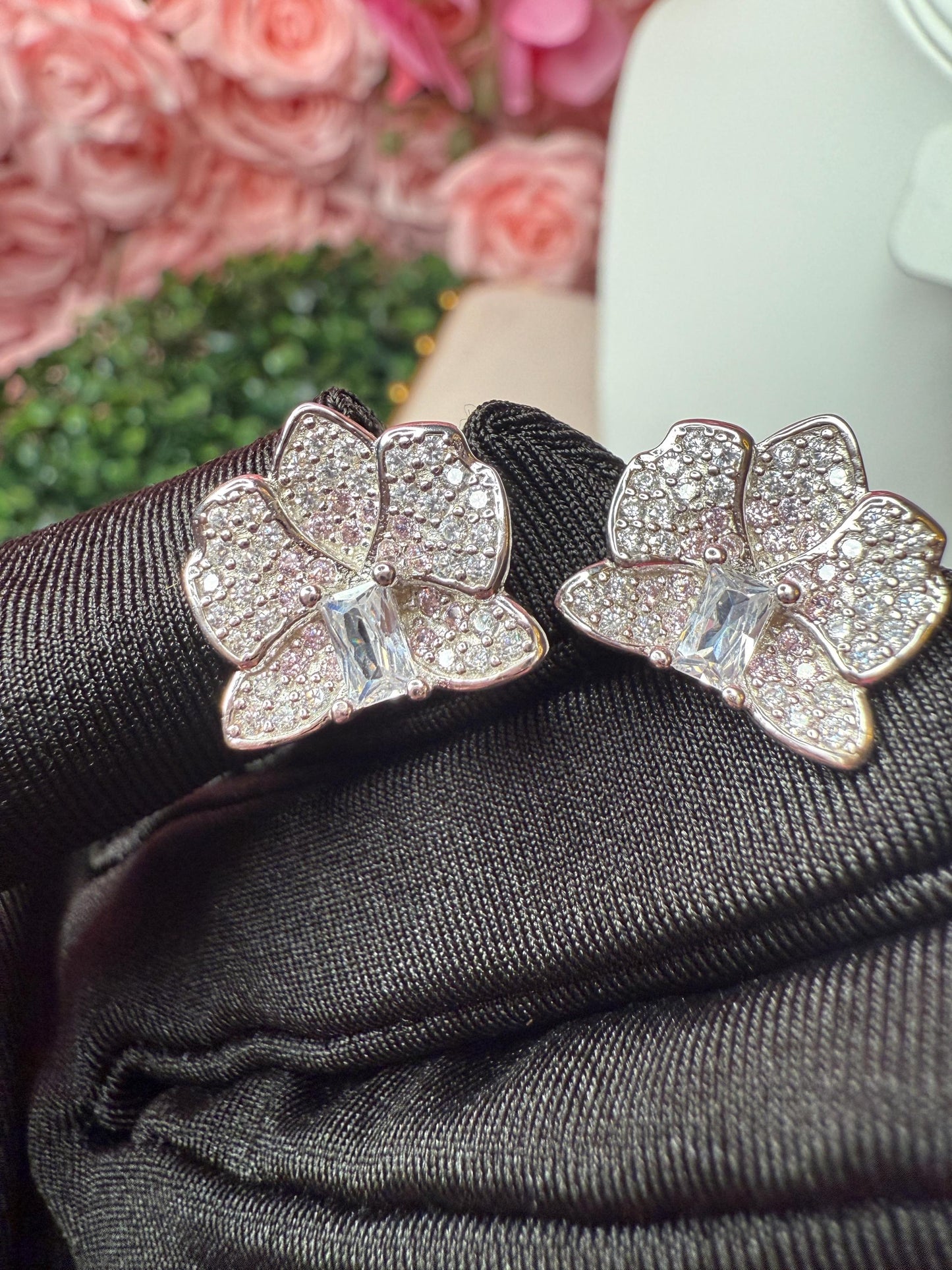 Dendrobium Orchid Earrings and Ring Set - 14k Gold, Rose Gold, White Gold: Dendrobium Sparkle of Love