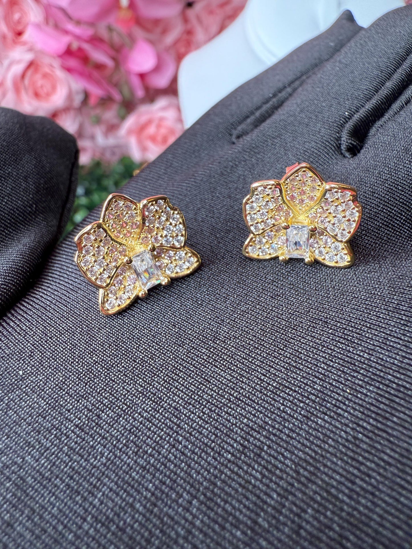 Dendrobium Orchid Earrings and Ring Set - 14k Gold, Rose Gold, White Gold: Dendrobium Sparkle of Love