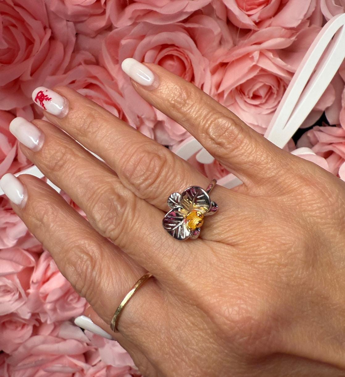 Pearl Orchid Ring: Stackable Ring • Pearl Ring • Orchid Flower Ring