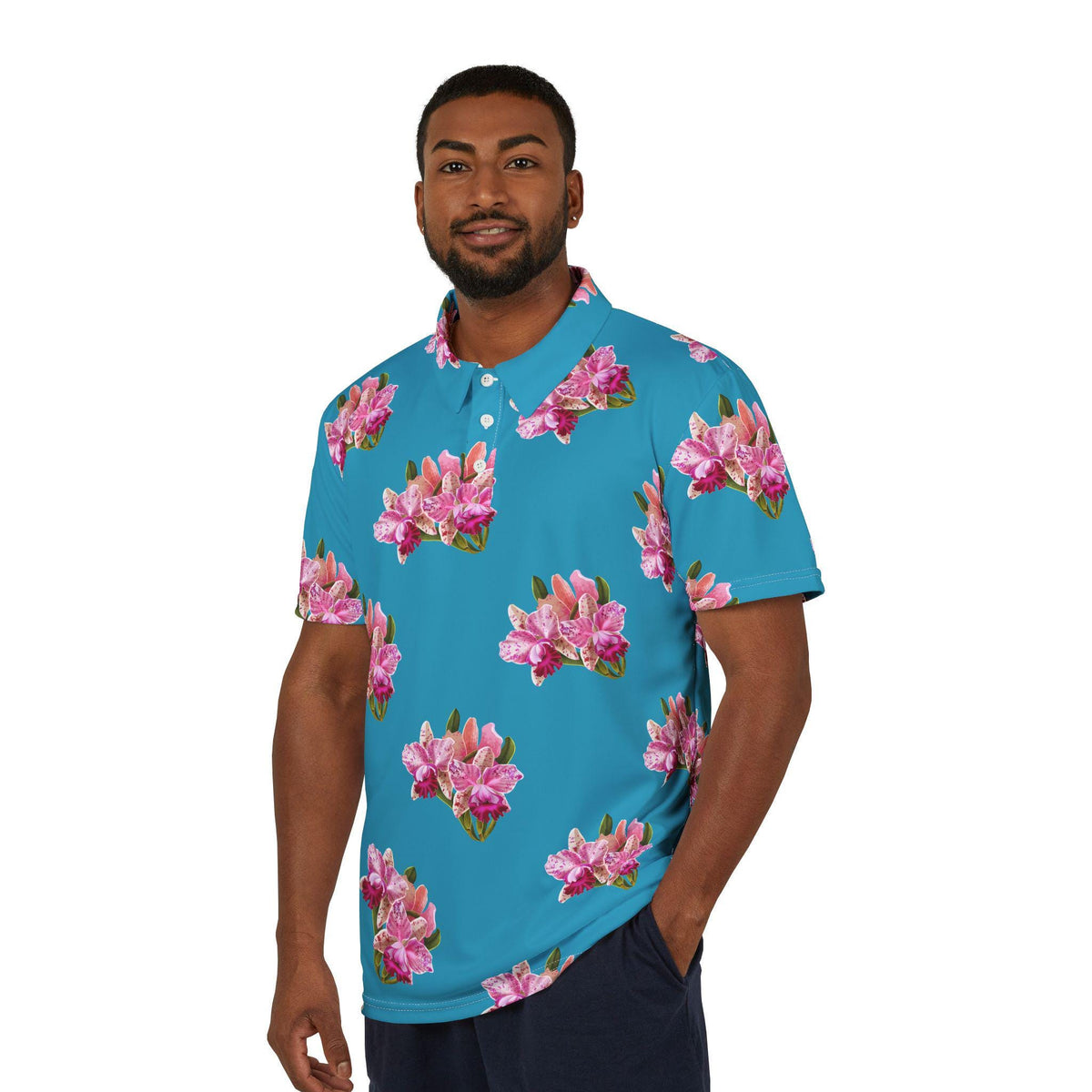 Pink & Turquoise Orchid Polo Shirt - Men