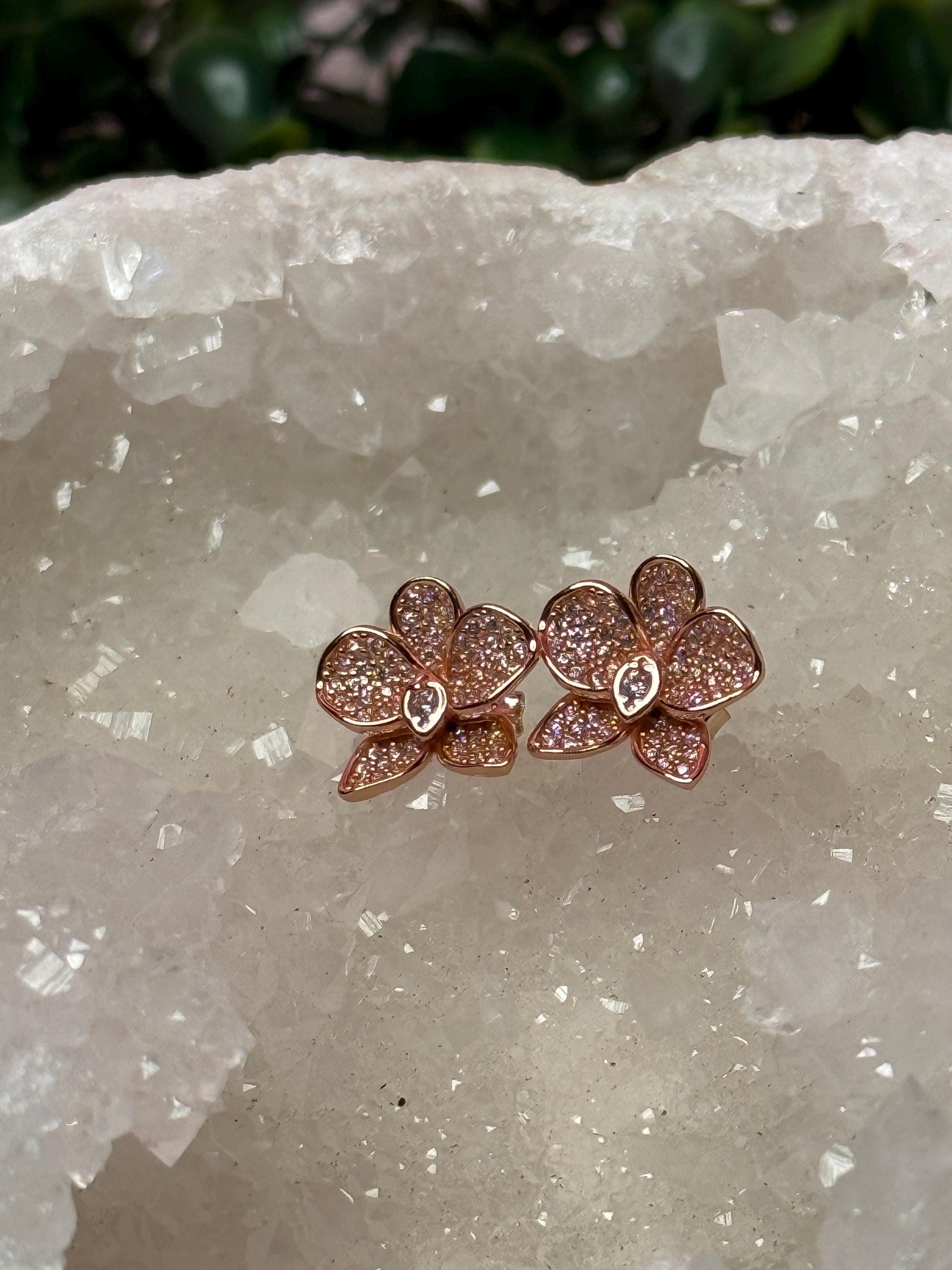 Rose Gold White and Pink Zircons Orchid Phalaenopsis Flower Earrings • Shimmer me Phalaenopsis