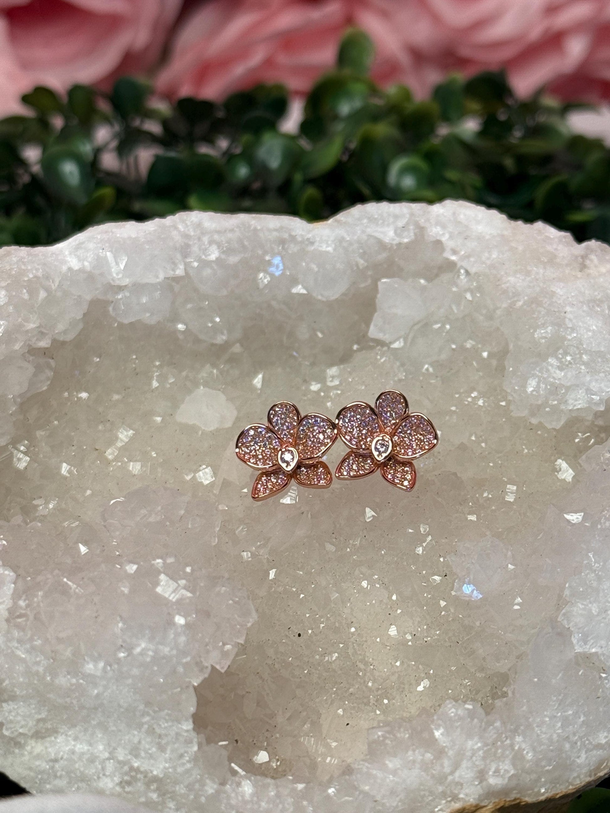 Rose Gold White and Pink Zircons Orchid Phalaenopsis Flower Earrings • Shimmer me Phalaenopsis