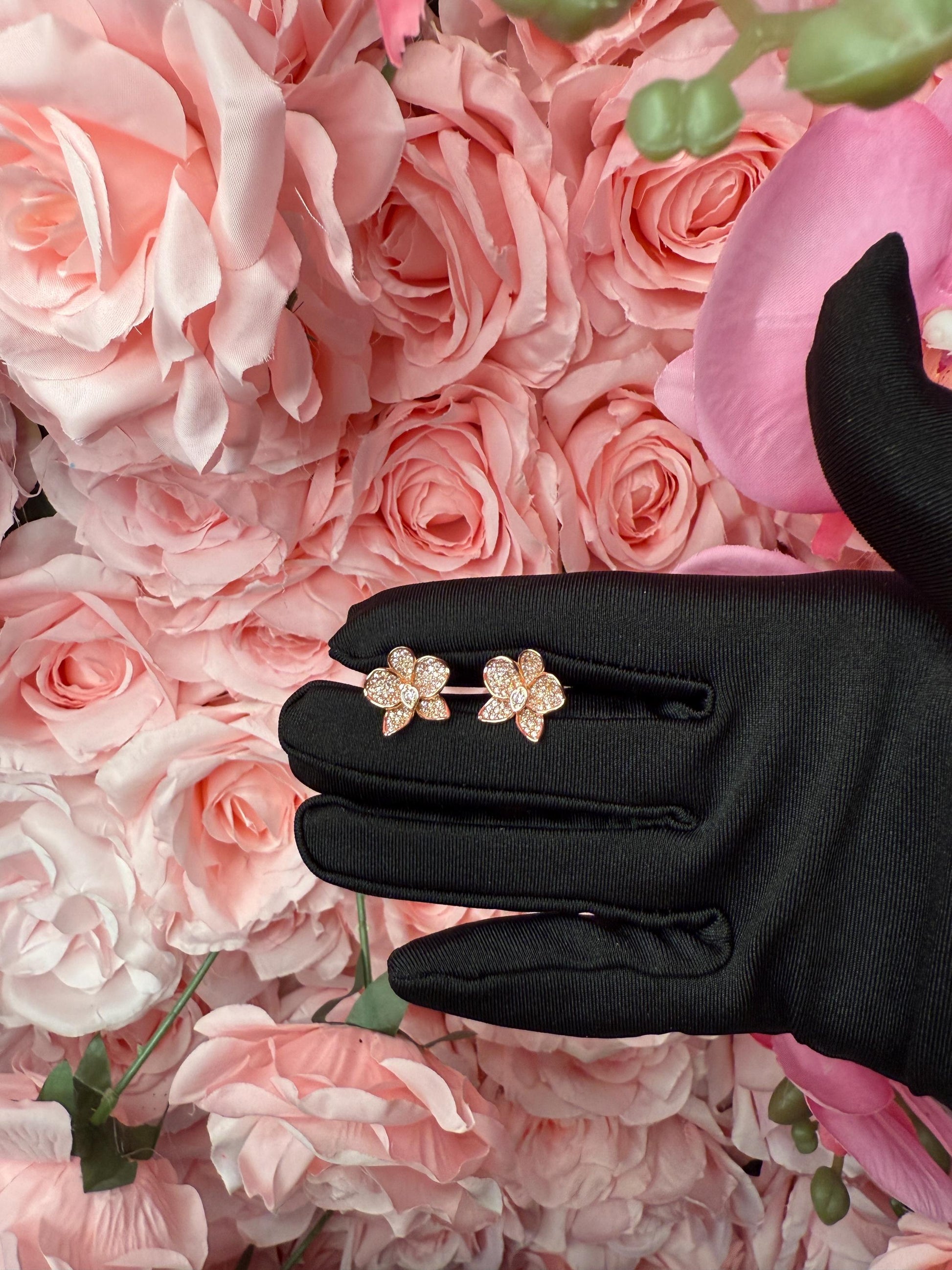 Rose Gold White and Pink Zircons Orchid Phalaenopsis Flower Earrings • Shimmer me Phalaenopsis