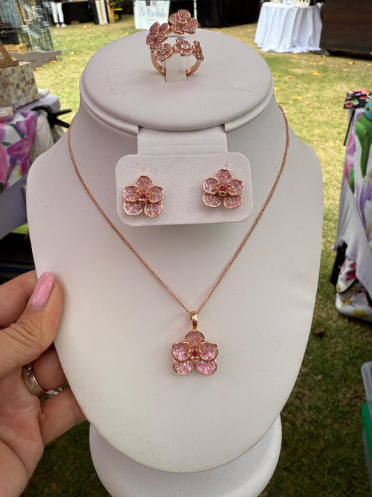 Rose Gold Pink Zircons Orchid Vanda Flower Jewelry set • Cubic Zirconia Studs or Pendant Necklace or Ring • Floral Jewelry Gift