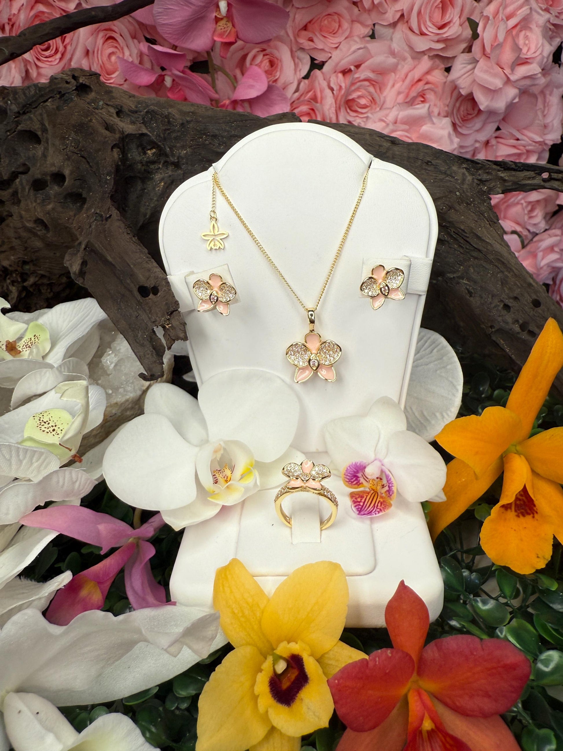 Baby Pink Phalaenopsis Orchid Flower Jewelry Set • Flowers Studs • Orchid Flower Pendant Necklace • Orchid Ring • Whispers Glow Collection