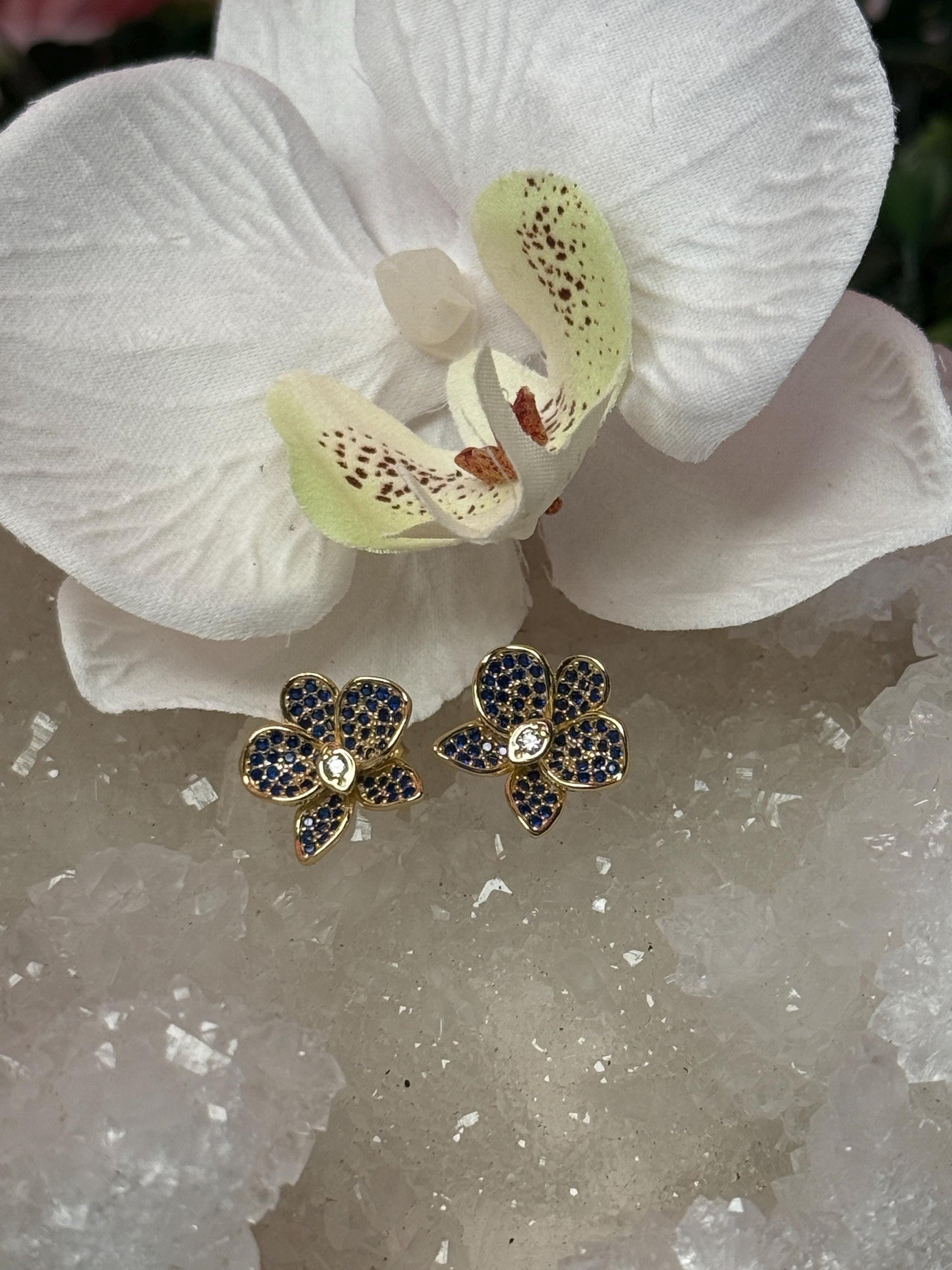 Saphire Zircons Orchid Phalaenopsis Flower Earrings • Shimmer me Phalaenopsis Studs