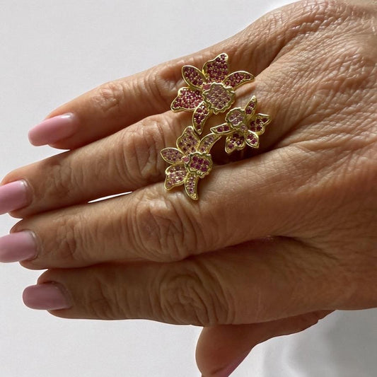 Triple Orchid Flower Ring: Orchid Statement Ring Cattleya Gold Orchid Ring • Cocktail Ring