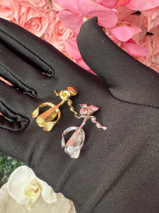 Slipper Orchid Silver Earrings Studs: Divergent Duos Collection