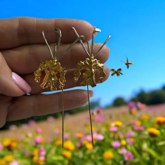 La Mariposa: Gold And White Gold Orchid Flower Tone Gold and Silver Dangle Earrings • Psychopsis Earrings