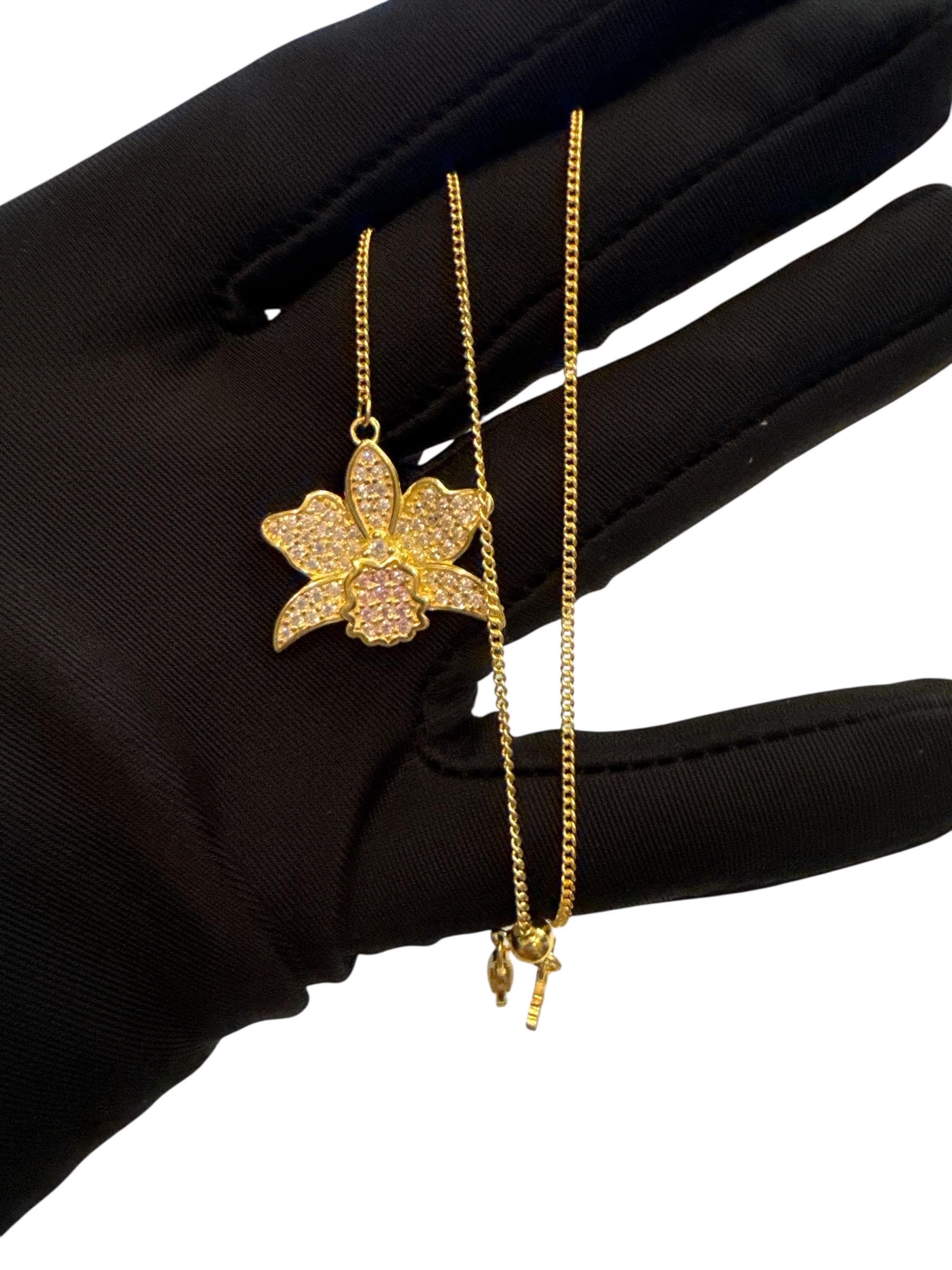 Shimmer Me Cattleya Necklace, Dainty Adjustable Y-Chain Choker, Heart Zircon Drop, White Pink Orchid Pendant Flower • Orchid Jewelry