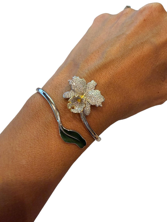 Drama Exclusive Luxury Collection Cattleya Orchid Bangle • Dazzling White Pave Zircon & 14K Yellow Gold Lip- Green Leaf
