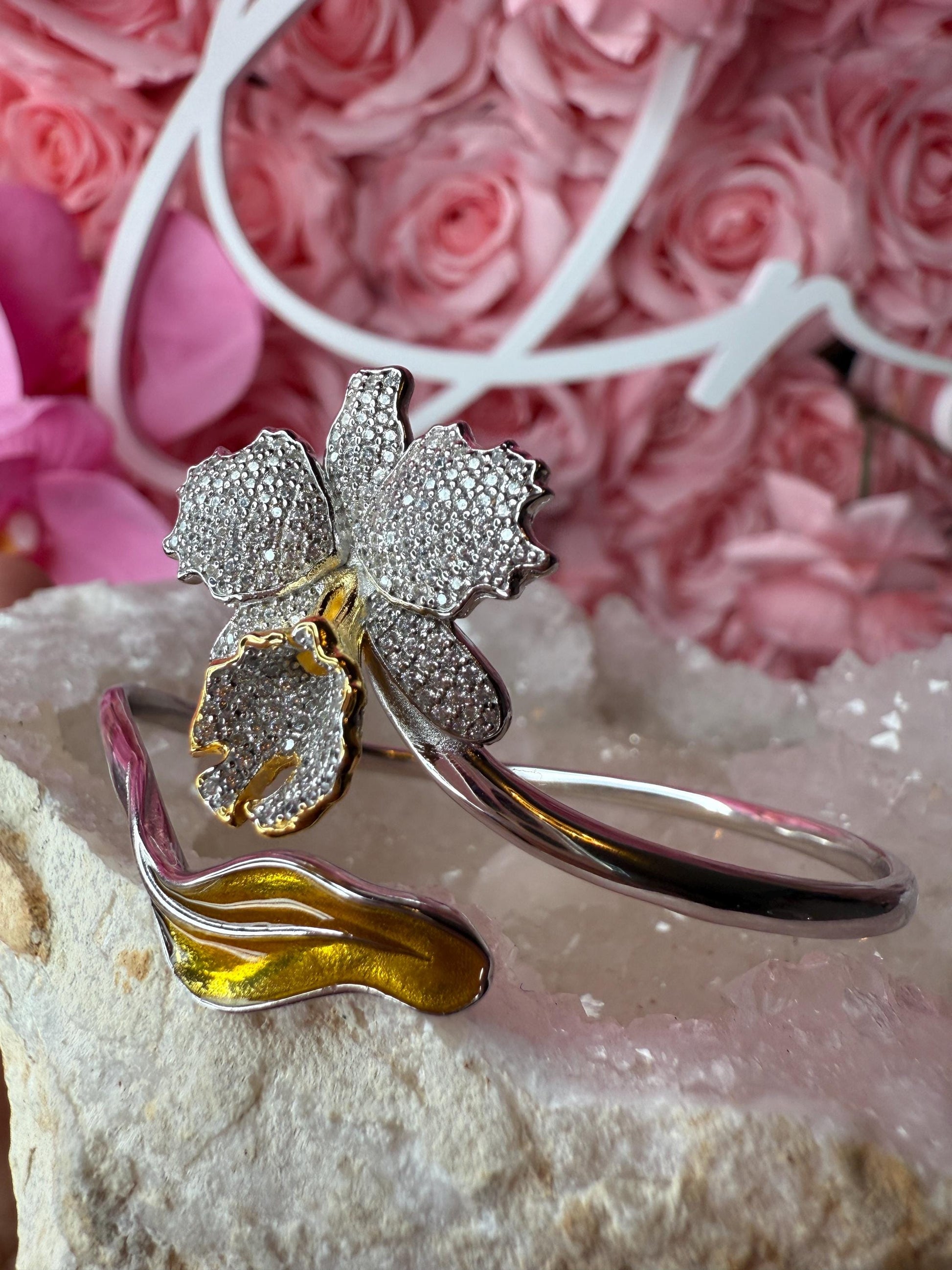 Drama Exclusive Luxury Collection Cattleya Orchid Bangle • Dazzling White Pave Zircon & 14K Yellow Gold Lip- Golden Leaf